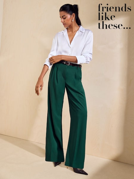 Pine Green - Friends Like These Lightweight Elastic Back Tailored Wide Leg Trousers