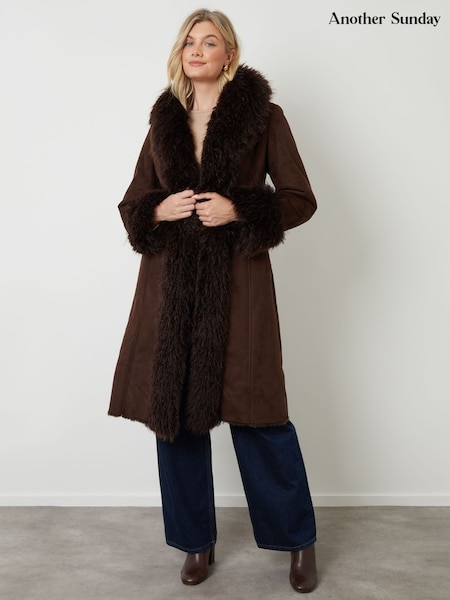 Another Sunday Brown Faux Suede Fur Trim Coat (V55200) | £85