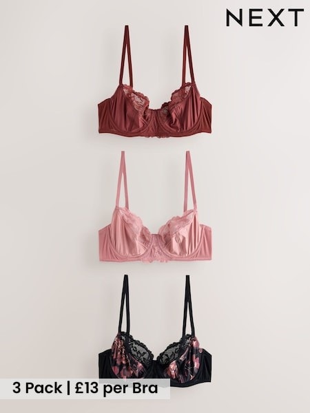 Black Print/Rust/Pink - Non Padded Full Cup Bras 3 Pack