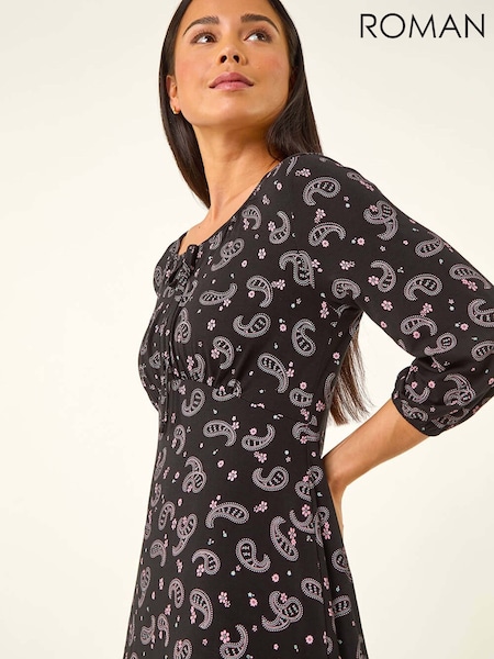 Roman Black Petite Paisley Print Tie Front Dress (V55662) | £45