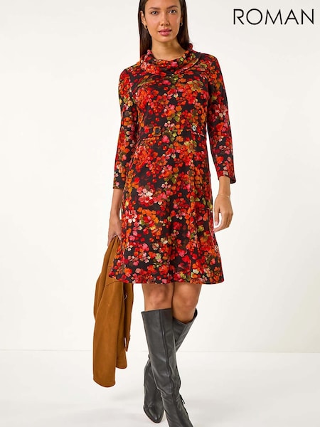 Roman Red Leaf Print Cowl Neck Tab Detail Dress (V55801) | £42