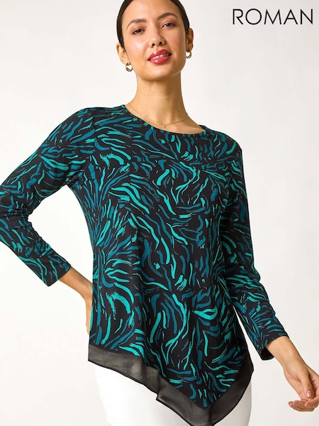 Roman Blue Linear Print Chiffon Hem Stretch Top (V55812) | £36