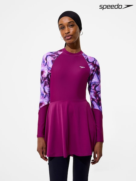 Pink - Speedo Print Long Sleeve Swim Dress