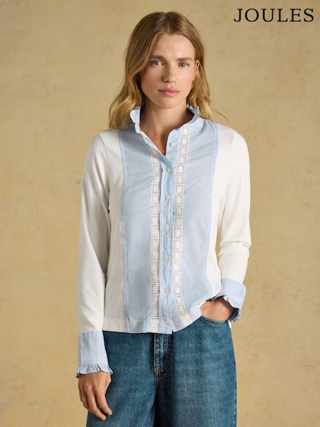 White/Blue Stripe - Joules Felicity Lace Insert Jersey Shirt
