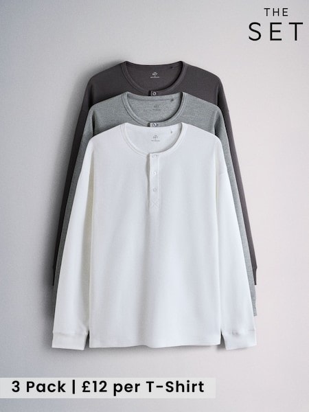Black/Grey - Regular The Set 3 Pack Long Sleeve Waffle Henley T-shirts