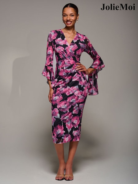 Jolie Moi Pink Ruffle Sleeve Ruched Mesh Bodycon Dress (V56242) | £68