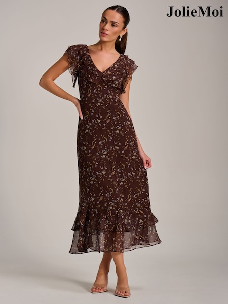 Jolie Moi Brown Ruffle V-Neckline Chiffon Midaxi Dress (V56243) | £75