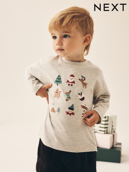 Cream Embroidered - Long Sleeve Christmas T-shirt (3mths-7yrs)