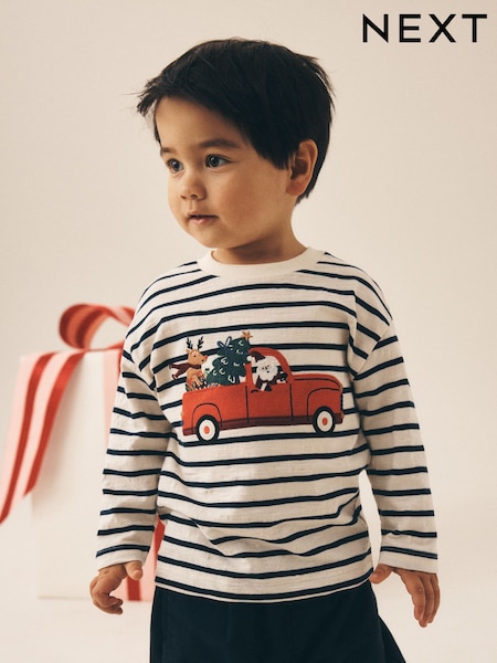 Navy/White Stripe Applique Santa Car - Long Sleeve Christmas T-shirt (3mths-7yrs)