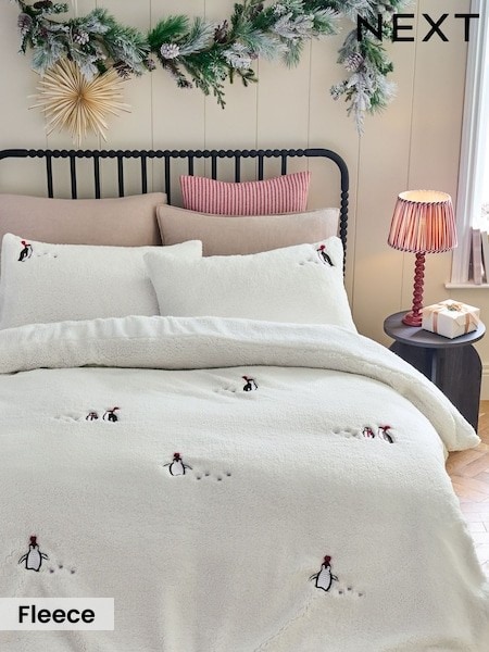 Penguin Fleece Christmas Duvet Cover And Pillowcase Set