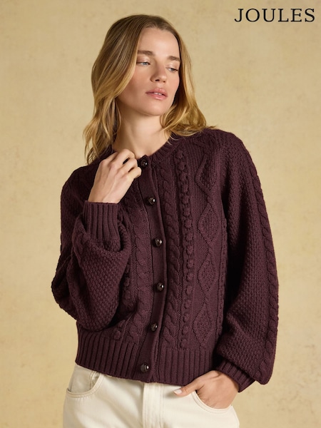 Wine - Joules Rafferty Cable Knit Crew Neck Cardigan
