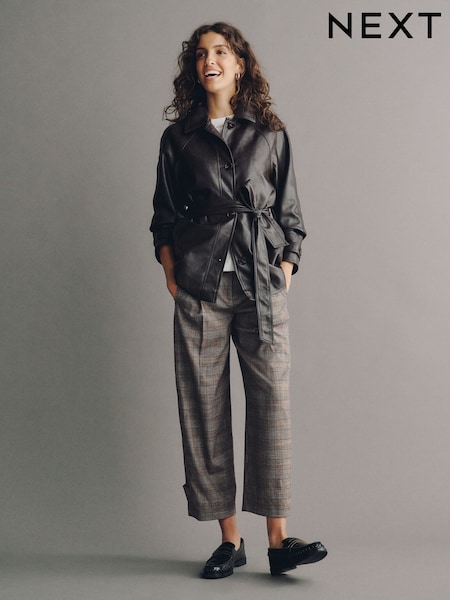 Brown Fine Check - Barrel Leg Trousers With Button Hem