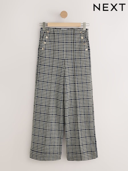 Ecru/Blue/Black Check - Ponte Wide Leg Trousers With Button Detailing