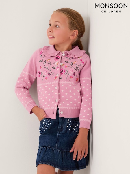 Monsoon Pink Floral Embroidered Collar Cardigan (V57468) | £32 - £36
