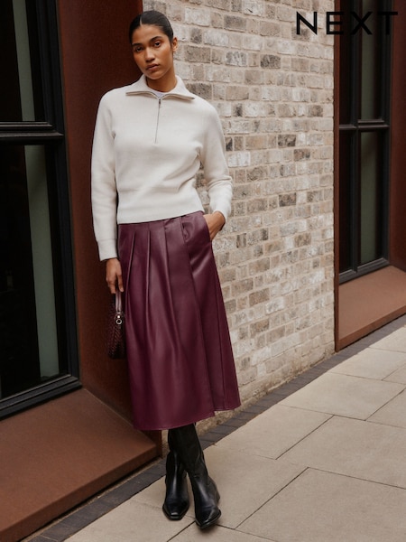 Burgundy Red - Faux Leather Midi Kilt Skirt