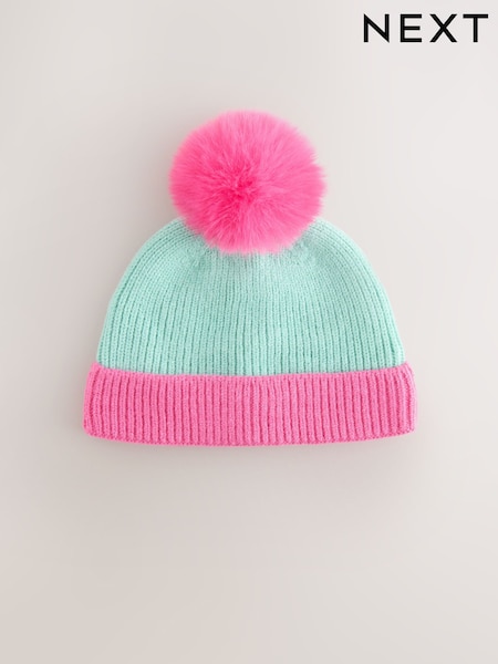 Pink and Blue Colour Block - Knitted Baby Pom Hat