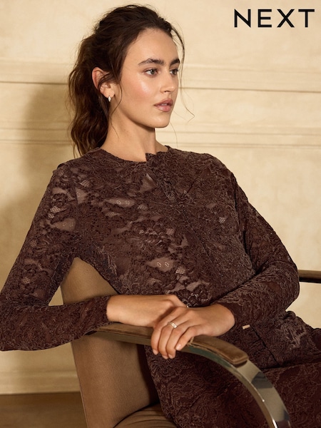 Chocolate Brown - Long Sleeved Lace Cardigan