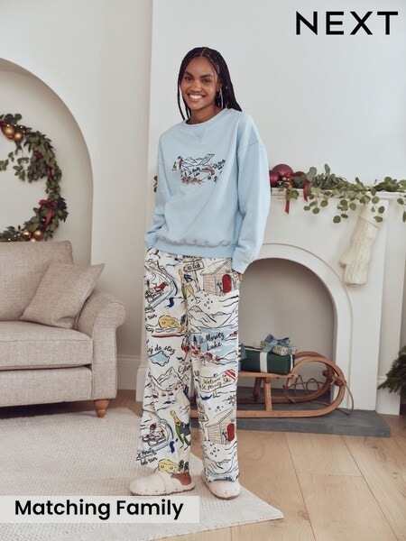 Light Blue Map Print - Matching Family Christmas Sweatshirt And Flannel Pyjamas