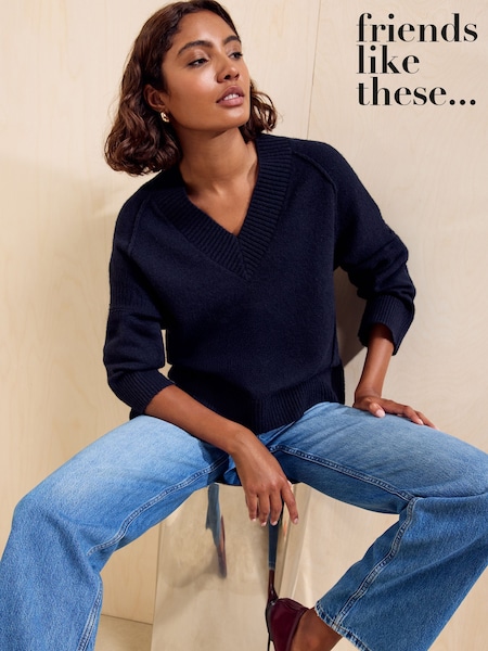 Navy - Friends Like These V-neck Seam Detail Jumper