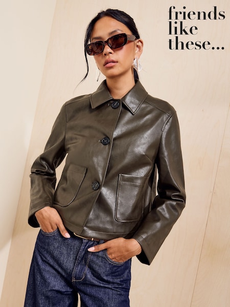 Olive Green - Friends Like These Faux Leather Short Collared Jacket