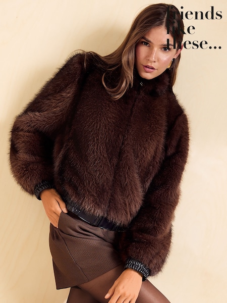 Chocolate Brown - Friends Like These Tipped Faux Fur Short Bomber Jacket