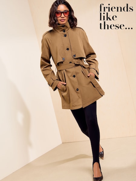 Tan Brown - Friends Like These Funnel Neck Detail Short Trench Jacket