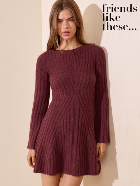 Burgundy Red - Friends Like These Rib Detail Long Sleeve Mini Dress
