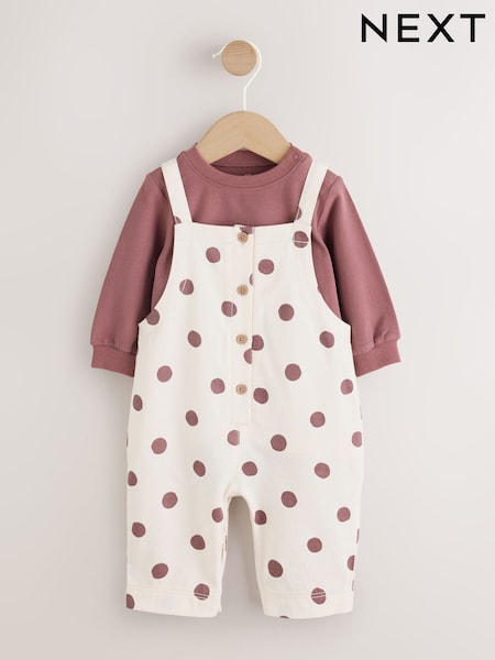 Brown/Cream Spot - Long Sleeve Bodysuit And Woven Dungarees Set 2 Piece (0mths-2yrs)
