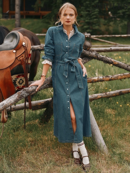 Blue - Joules Denim Tie Waist Shirt Dress