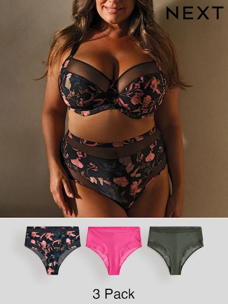 Black Floral/Pink/Green - Mesh Trim High Waist High Leg Knickers 3 Pack