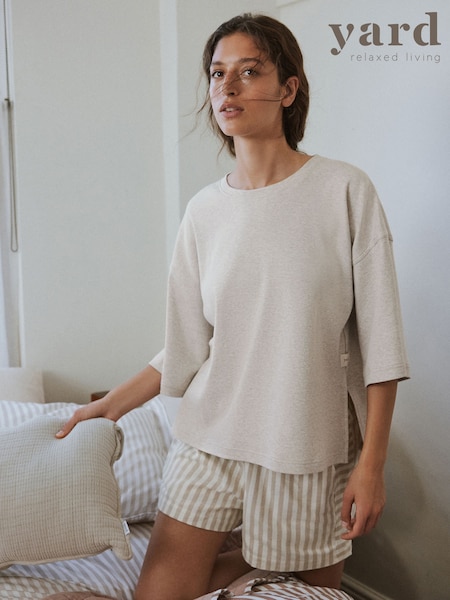 Natural Hebden Stripe - Natural Hebden Stripe Tumbled Cotton Short Pyjamas Set