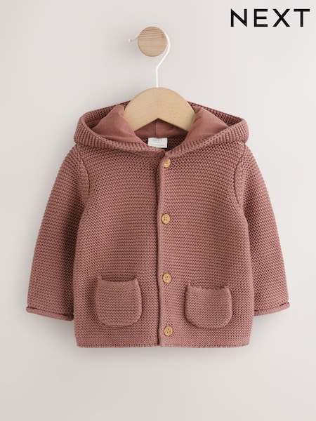 Brown - Knitted Hooded Baby Cardigan