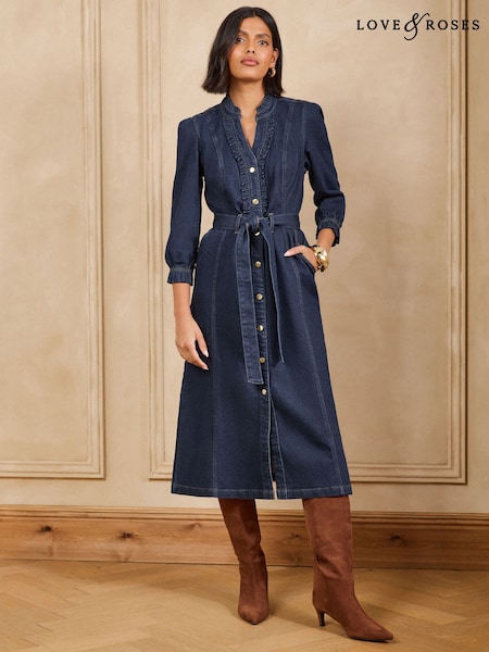 Dark Blue Rinse - Love & Roses 3/4 Sleeve Denim Midi Dress