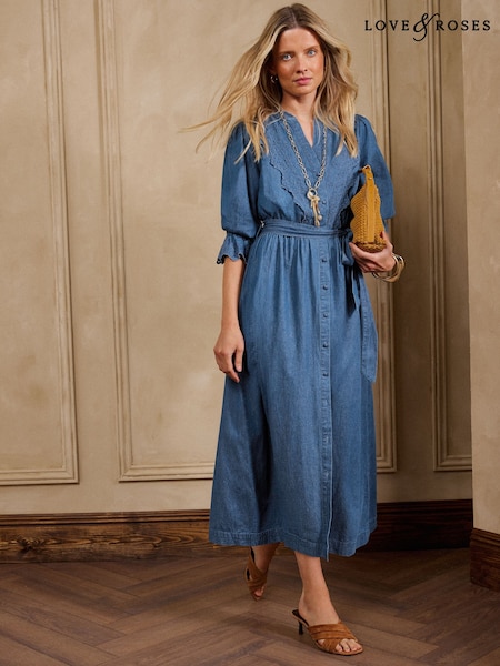 Mid Blue - Love & Roses Broderie Detail Midi Dress
