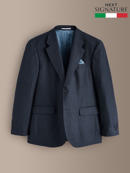 Navy - Regular Signature Tailored Fit Zignone Italian Wool Cashmere Blend Flannel Check Suit Jacket