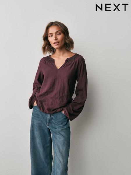 Wine - Long Sleeve Notch Neck Top