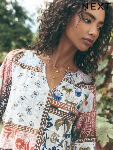 National Trust X Next Print - Long Sleeve Notch Neck Top