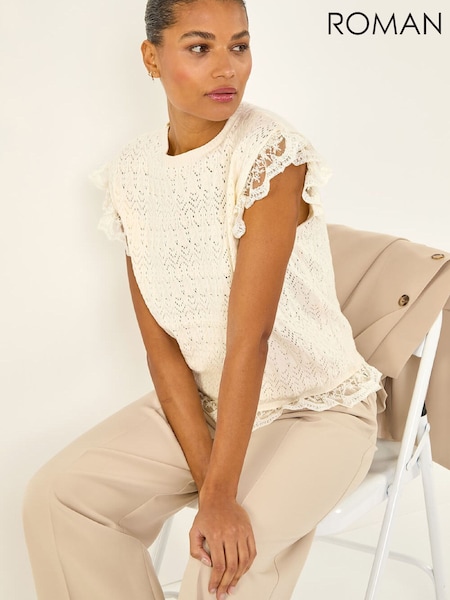 Roman Natural Frill Lace Knitted Top (V59704) | £45