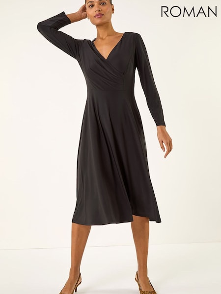 Roman Black Wrap Bodice Tie Waist Midi Dress (V59713) | £52
