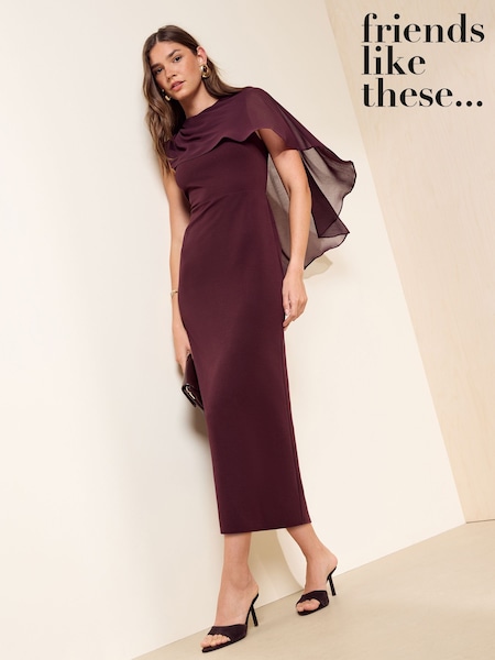 Burgundy Red - Friends Like These Asymmetric Cape Sleeveless Midi Dress