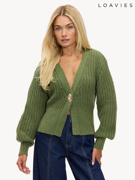 LOAVIES Green Sugar Pine Dream Statement Button Chunky Knit Cardigan (V59969) | £45