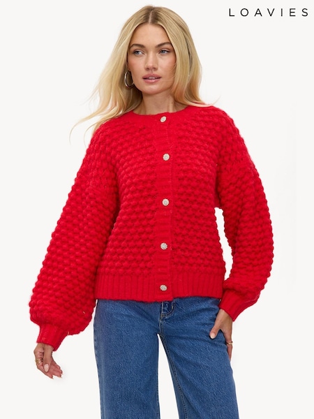 LOAVIES Red Textured Knit Shimmer Button Cuddleloops Cardigan (V59970) | £54