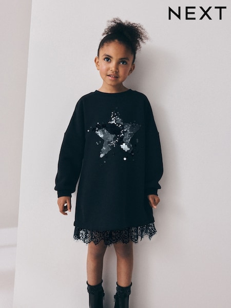 Black - Lace Hem Sequin Jumper Dress (3-16yrs)
