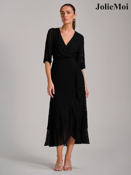 Jolie Moi Black Textured Ruffle Hem Knitted Maxi Dress (V60090) | £78