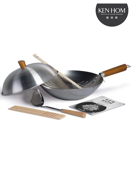 Ken Hom Silver Carbon Steel Seasoning Wok Set 31cm (V60101) | £50