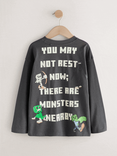 Charcoal Grey Back Print - Long Sleeve Minecraft T-shirt (3-16yrs)