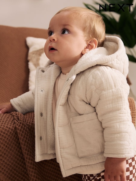 Cream - Crinkle Bear Face Quilted Baby Jacket