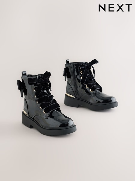 Black Patent - Bow Detail Lace Up Ankle Boots