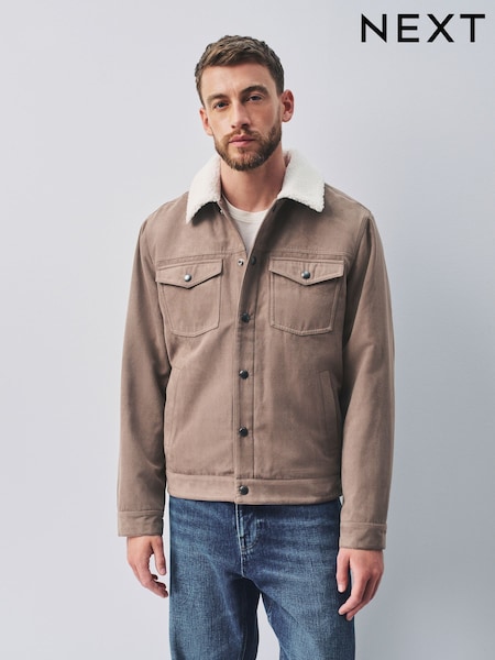 Neutral Stone - Regular Faux Suede Borg Lined Trucker Jacket
