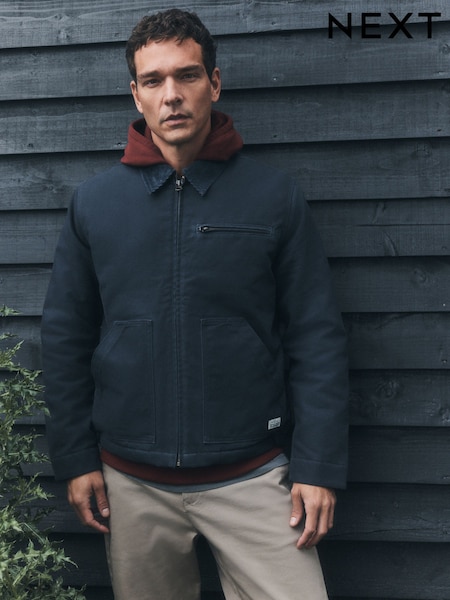 Navy - Regular Shower Resistant Canvas Borg Lined Worker Jacket